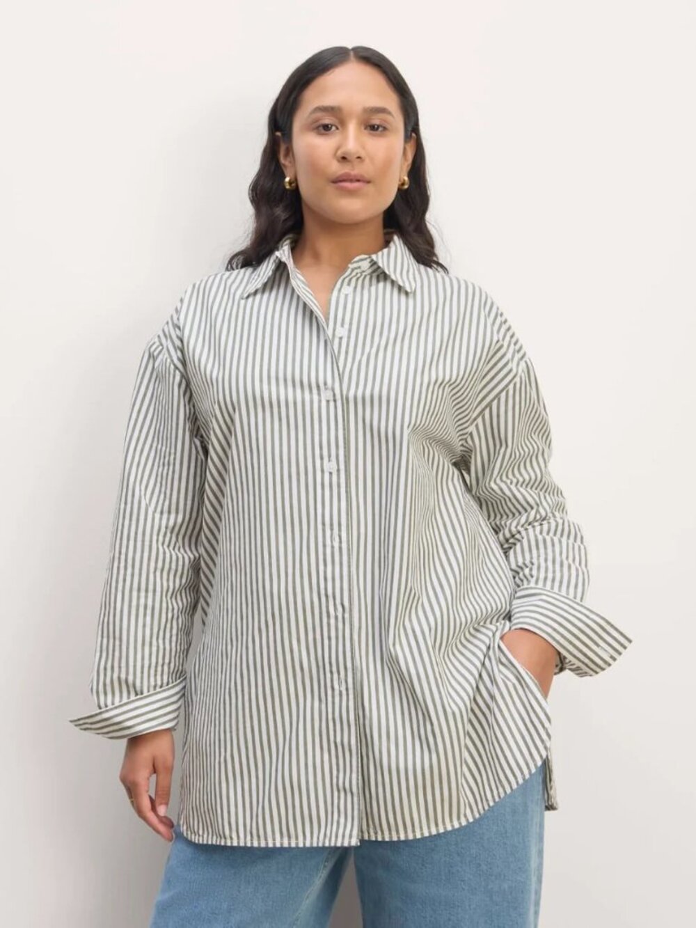 Everlane Size M Supima Cotton Boyfriend Shirt NWT Never Worn White/Moss Green